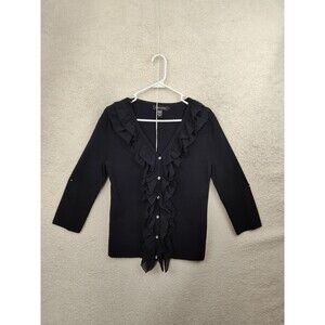Cable Gauge Women Sweater Medium Viscose Blend 3/4 Sleeve Ruffle Cardigan Fit